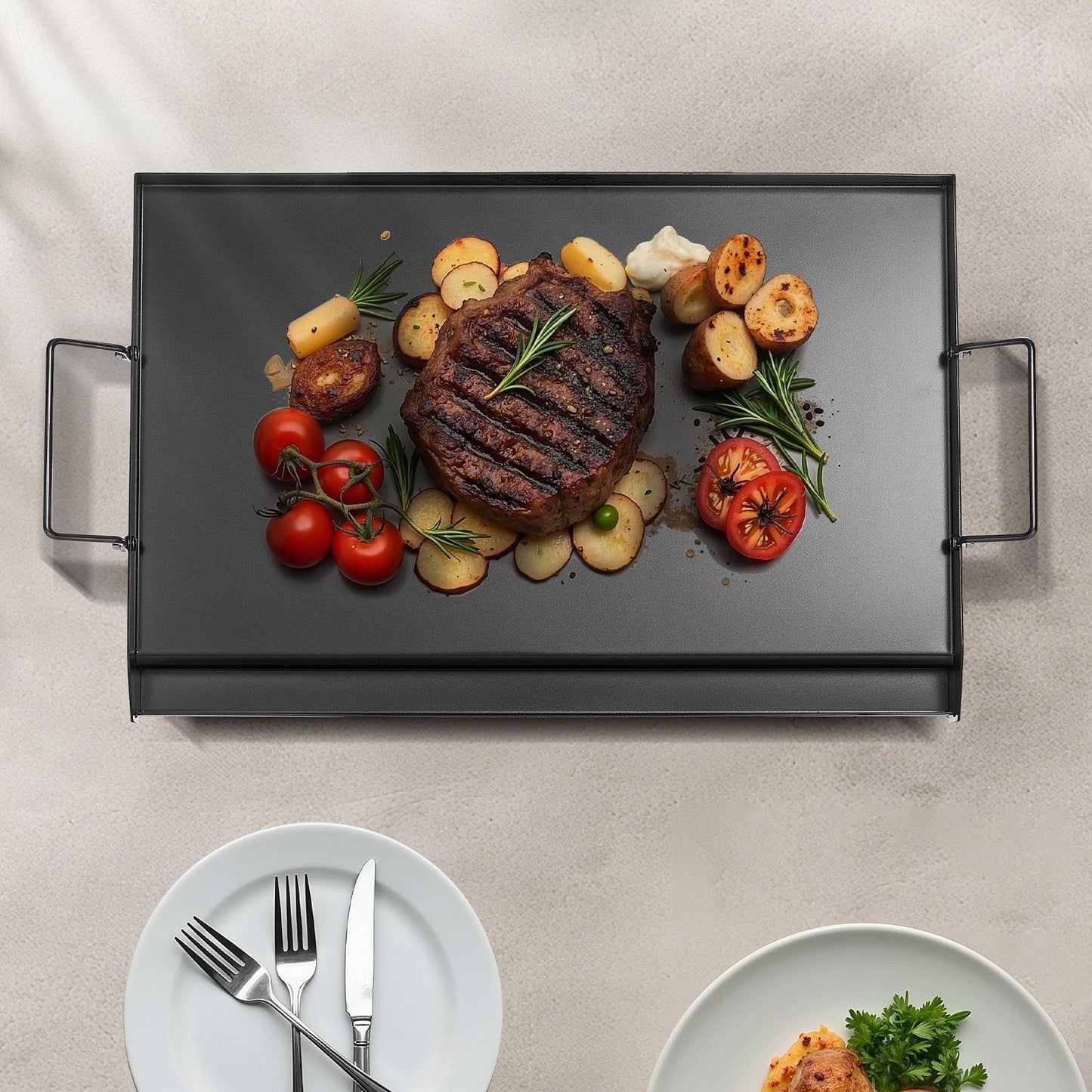 Carbon Steel Griddle, 24x16 inch Universal Flat Top Rectangular Plate, Gas Grill Griddle for BBQ Grill, Teppanyaki, Portable Family Cookware with Handle, for Camping Tailgating Party.