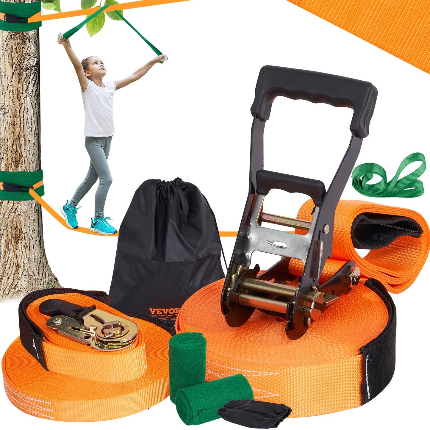 Slackline Kit with Training Line, 18.3m Backyard Slack Line Equipment, Easy Setup Tight Rope for Kids Adults, Complete Slackline Set with Tree Protectors, Arm Trainer, Carry Bag, and Instruction