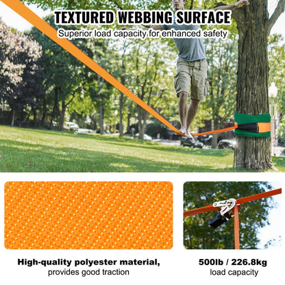 Slackline Kit with Training Line, 18.3m Backyard Slack Line Equipment, Easy Setup Tight Rope for Kids Adults, Complete Slackline Set with Tree Protectors, Arm Trainer, Carry Bag, and Instruction
