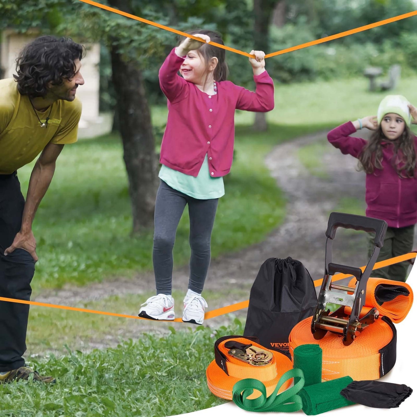 Slackline Kit with Training Line, 18.3m Backyard Slack Line Equipment, Easy Setup Tight Rope for Kids Adults, Complete Slackline Set with Tree Protectors, Arm Trainer, Carry Bag, and Instruction