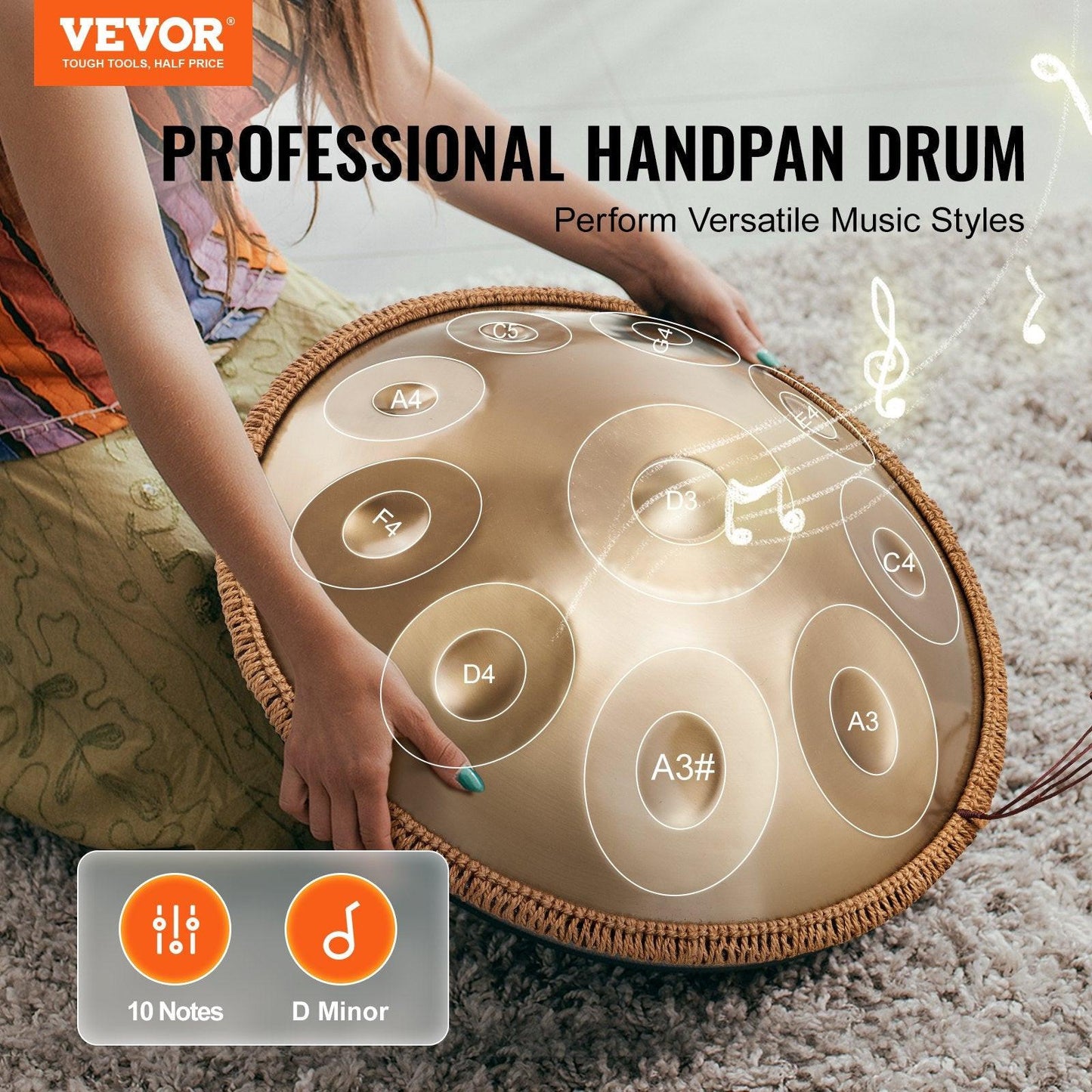 Handpan Drum 22 in 10 Notes D Minor Hand Drum Instrument with Mallet.