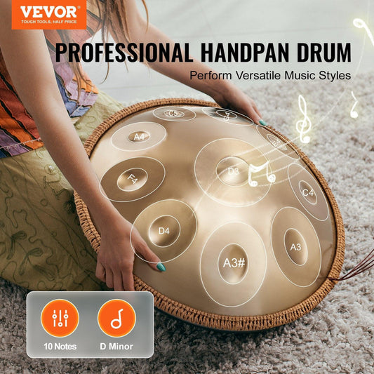 Handpan Drum 22 in 10 Notes D Minor Hand Drum Instrument with Mallet.