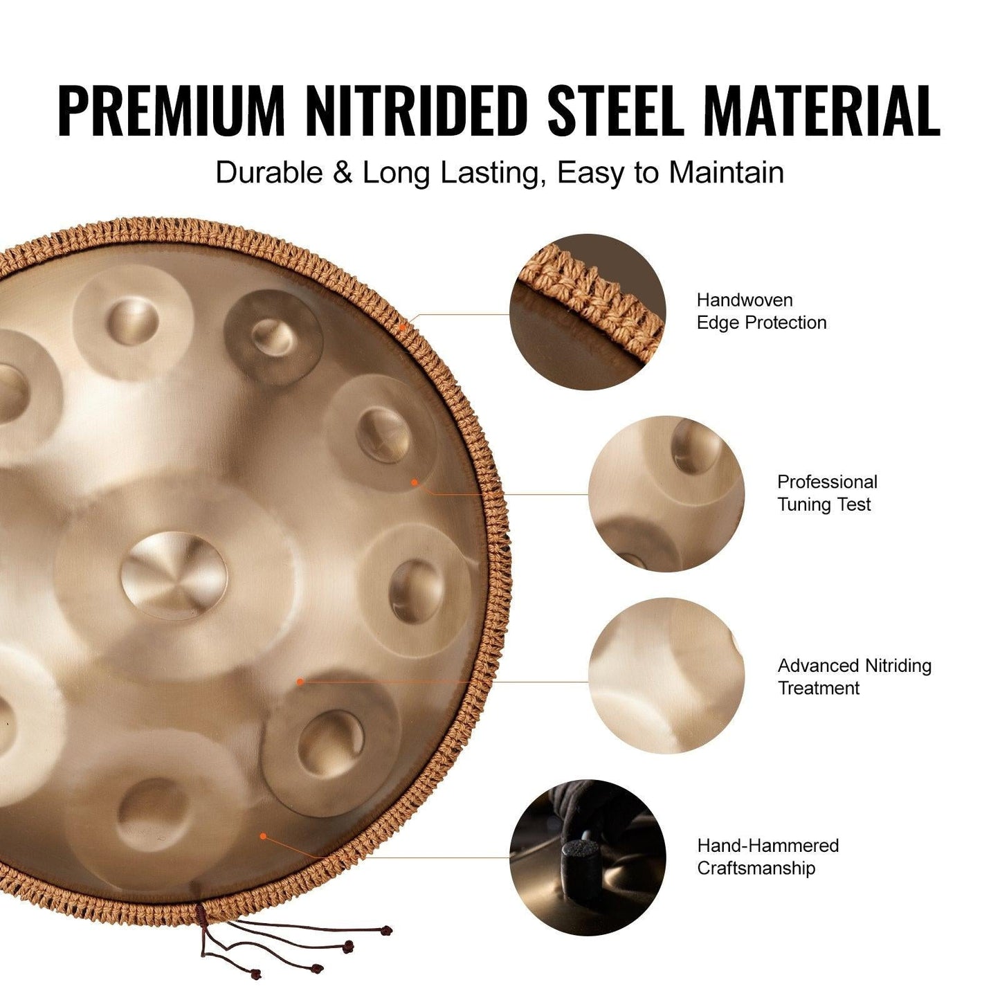 Handpan Drum 22 in 10 Notes D Minor Hand Drum Instrument with Mallet.