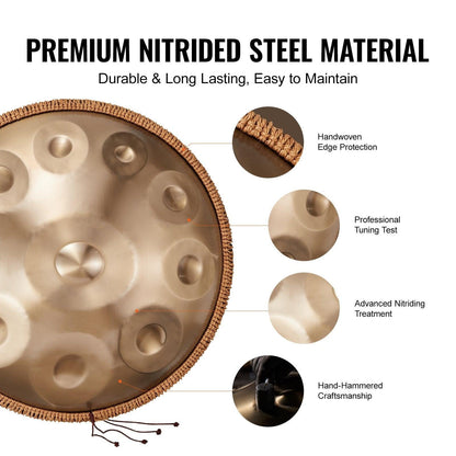 Handpan Drum 22 in 10 Notes D Minor Hand Drum Instrument with Mallet.