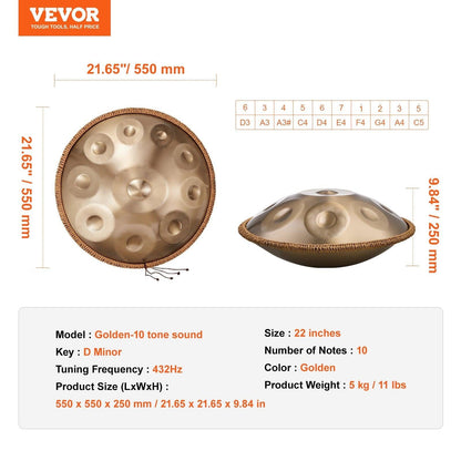 Handpan Drum 22 in 10 Notes D Minor Hand Drum Instrument with Mallet.