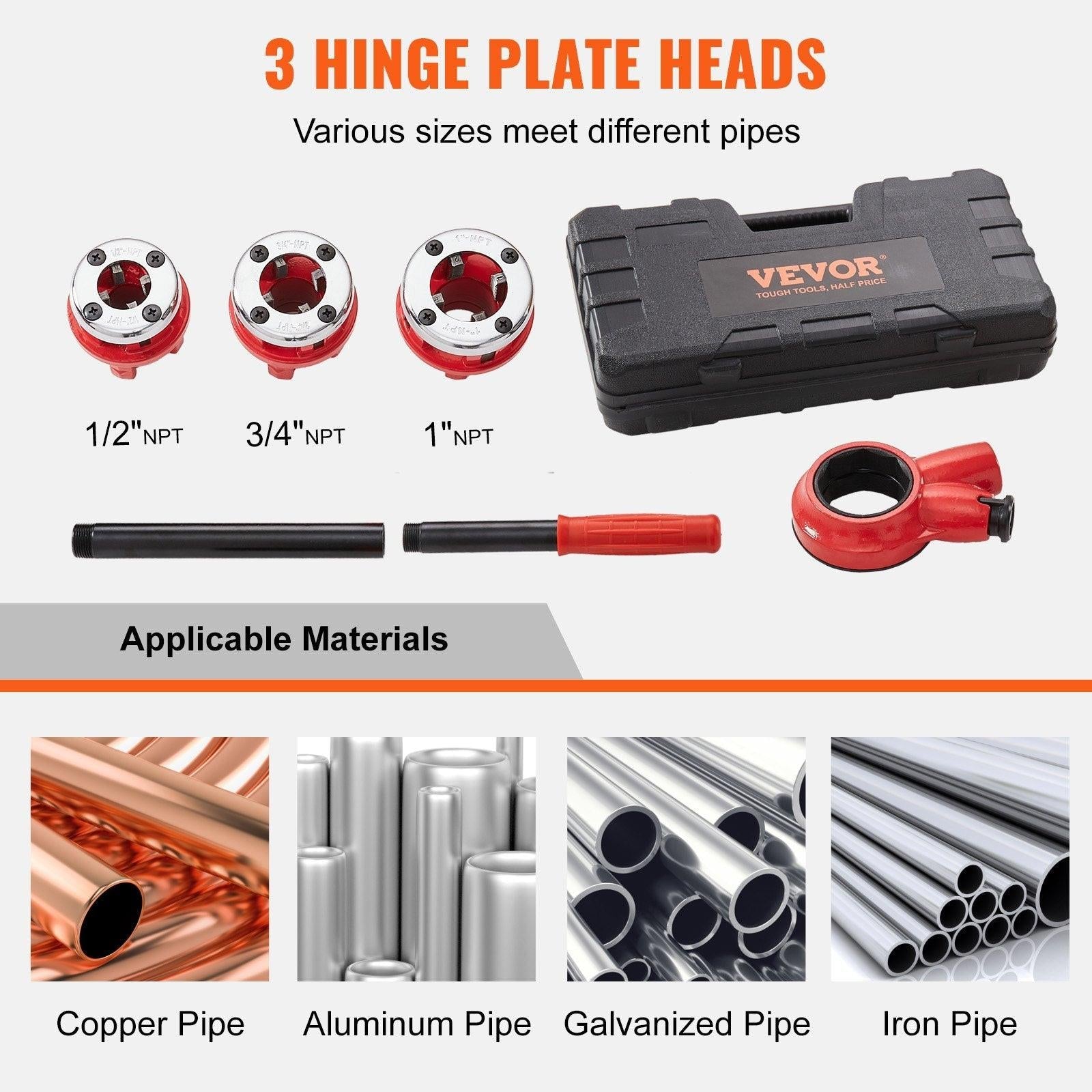 Ratchet Pipe Threader Kit, 1/2" NPT, 3/4" NPT, 1" NPT Manual Ratcheting Pipe Threader, Portable Pipe Threading Tool Set with 3PCS NPT Dies, Storage Case for Galvanized Aluminum Iron Copper Pipes.