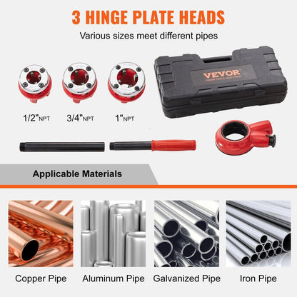 Ratchet Pipe Threader Kit, 1/2" NPT, 3/4" NPT, 1" NPT Manual Ratcheting Pipe Threader, Portable Pipe Threading Tool Set with 3PCS NPT Dies, Storage Case for Galvanized Aluminum Iron Copper Pipes.