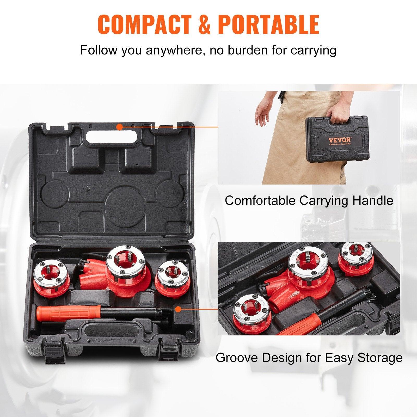 Ratchet Pipe Threader Kit, 1/2" NPT, 3/4" NPT, 1" NPT Manual Ratcheting Pipe Threader, Portable Pipe Threading Tool Set with 3PCS NPT Dies, Storage Case for Galvanized Aluminum Iron Copper Pipes.