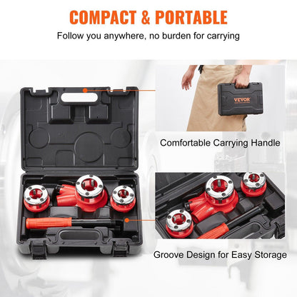 Ratchet Pipe Threader Kit, 1/2" NPT, 3/4" NPT, 1" NPT Manual Ratcheting Pipe Threader, Portable Pipe Threading Tool Set with 3PCS NPT Dies, Storage Case for Galvanized Aluminum Iron Copper Pipes.