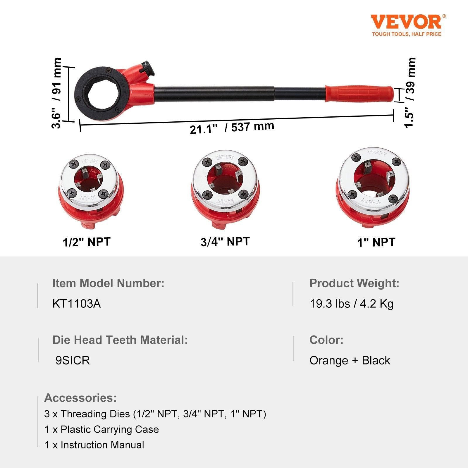 Ratchet Pipe Threader Kit, 1/2" NPT, 3/4" NPT, 1" NPT Manual Ratcheting Pipe Threader, Portable Pipe Threading Tool Set with 3PCS NPT Dies, Storage Case for Galvanized Aluminum Iron Copper Pipes.