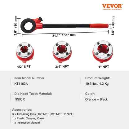 Ratchet Pipe Threader Kit, 1/2" NPT, 3/4" NPT, 1" NPT Manual Ratcheting Pipe Threader, Portable Pipe Threading Tool Set with 3PCS NPT Dies, Storage Case for Galvanized Aluminum Iron Copper Pipes.