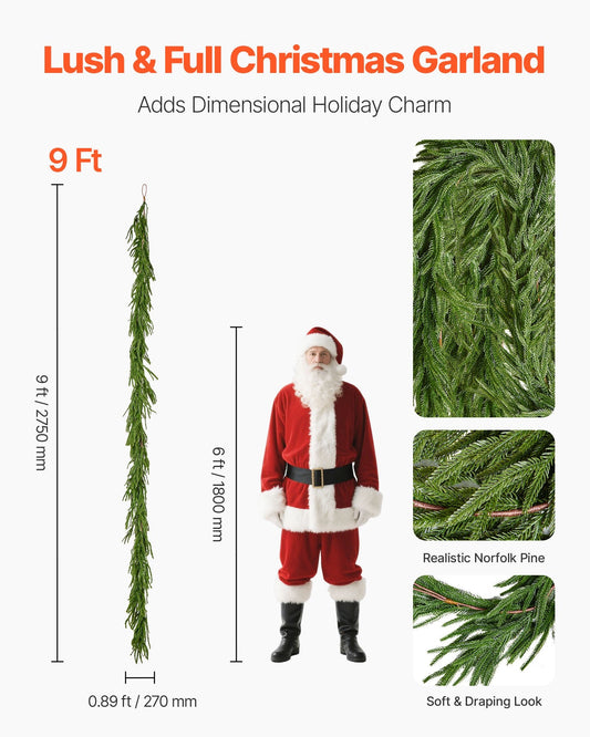 Christmas Garland, 2750 mm Realistic Norfolk Pine Garland, Evergreen Real Touch Artificial Faux Greenery Garlands, for Holiday Indoor Outdoor Xmas Decoration on Table, Mantel, and Fireplace