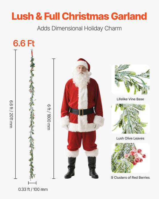 Christmas Garland, 2011 mm Realistic Greenery Decorated with Vines, Olive Leaves, and Berries, Evergreen Faux Garlands with Light String for Indoor Outdoor Xmas Decoration on Mantel Fireplace