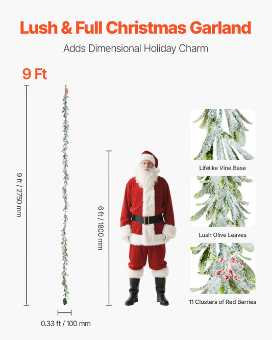 Christmas Garland, 2750 mm Realistic Greenery Decorated with Vines, Olive Leaves, and Berries, Evergreen Faux Garlands with Light String for Indoor Outdoor Xmas Decoration on Mantel Fireplace