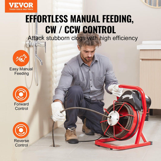 Drain Cleaner Machine Drain Auger 50FT x 1/2 Inch Manual Feed & 4 Cutters.