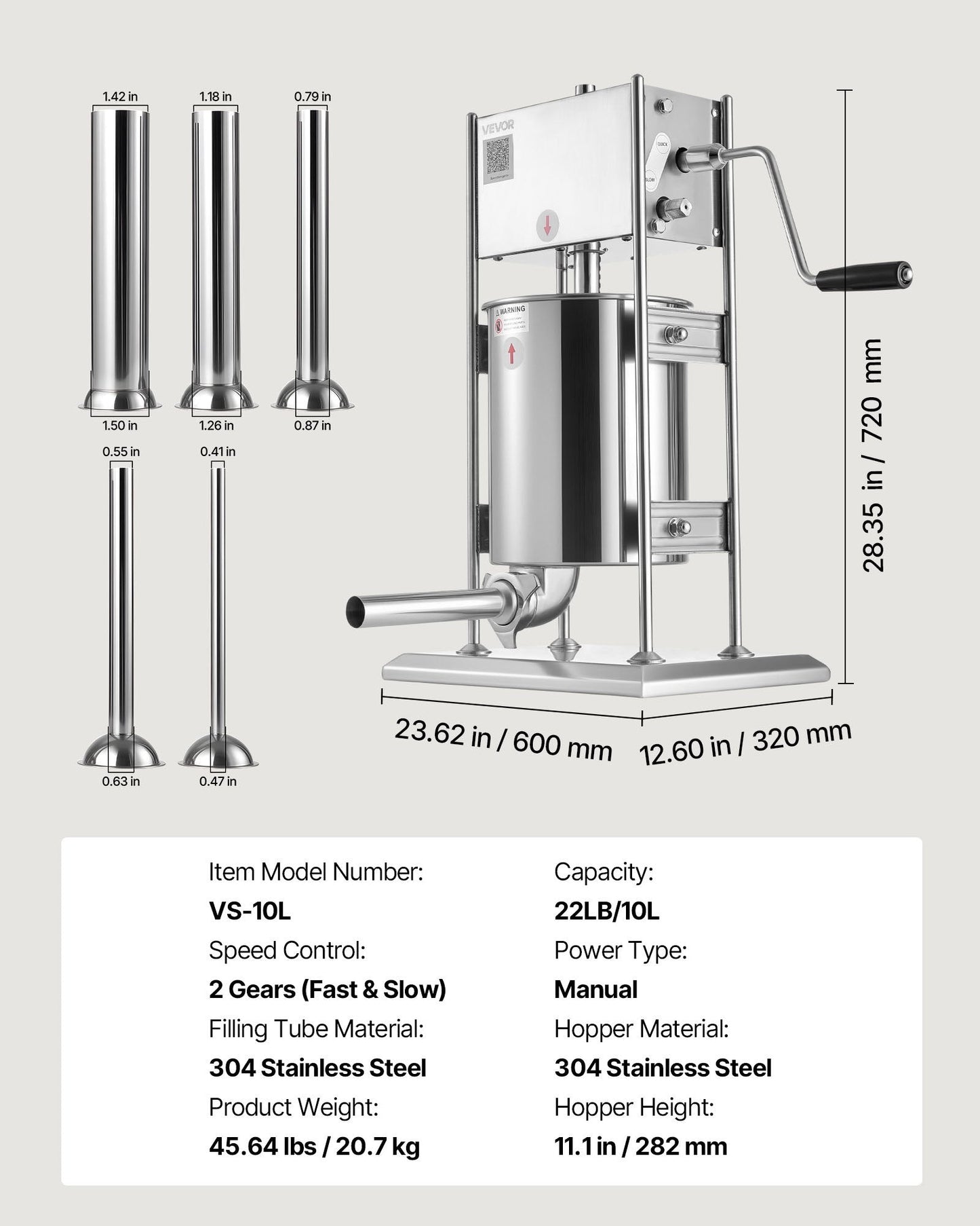 Manual Sausage Stuffer, 22 LBS / 10 L Vertical Meat Stuffer, Dual-Speed Sausage Casing Meat Filling Machine, Stainless Steel Heavy Duty Filler with 5 Stuffing Tubes, for Commercial & Home Use