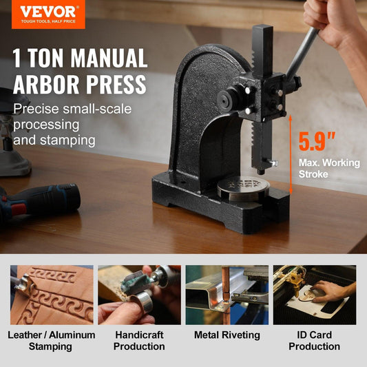 Arbor Press, 1 Ton Manual Arbor Press, 5.9" Maximum Height, Cast Iron Heavy-duty Manual Desktop Arbor Press, Precision Hand Press for Stamping, Bending, Stretching, Forming.