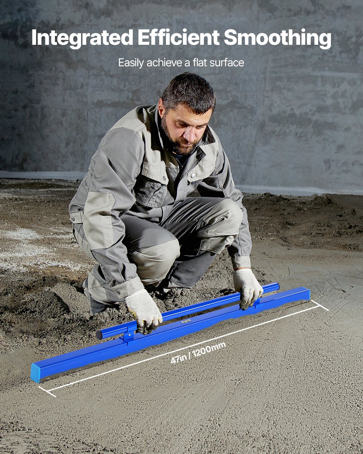 Concrete Screed, 120.5 cm Screed with Level Vial, Easy Cleanup & End Cap Design, Aluminum Lightweight & Reversable Handle for Leveling Floors, Small-Scale Construction and Home Renovation