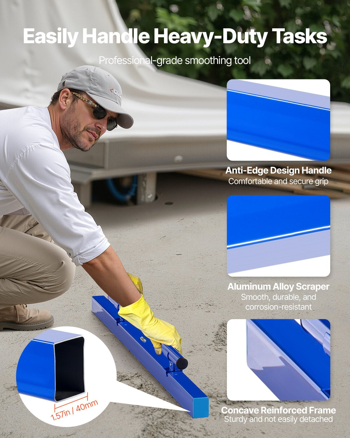 Concrete Screed, 120.5 cm Screed with Level Vial, Easy Cleanup & End Cap Design, Aluminum Lightweight & Reversable Handle for Leveling Floors, Small-Scale Construction and Home Renovation