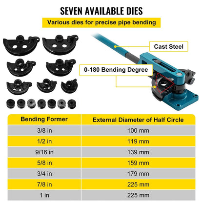 Pipe Tube Bender, 3/8" to 1" Manual Pipe Tube Bender, with 7 Dies, Heavy Duty Tube Bender Tubing of Steel Metal Copper, for Repair Shops, Blue.