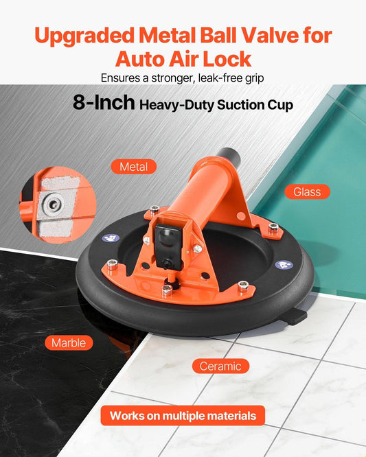 Vacuum Suction Cup, 203 mm Vacuum Glass Lifter with Metal Handle, 195 kg Max Lifting Capacity Tile Suction Cup Tool with Carrying Case for Lifting Large Tile, Granite, Drywall, Windows (2-Pack).