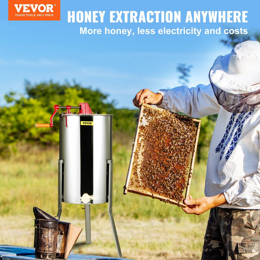 Manual Honey Extractor, 2/4 Frames Honey Spinner Extractor, Stainless Steel Beekeeping Extraction, Honeycomb Drum Spinner with Lid, Apiary Centrifuge Equipment with Height Adjustable Stand.