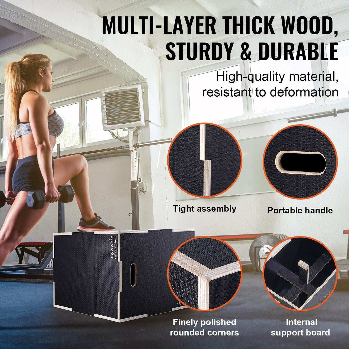 3 in 1 Plyometric Jump Box, 30/24/20 Inch Wooden Plyo Box, Platform & Jumping Agility Box, Anti-Slip Fitness Exercise Step Up Box for Home Gym Training, Conditioning Strength Training, Black.