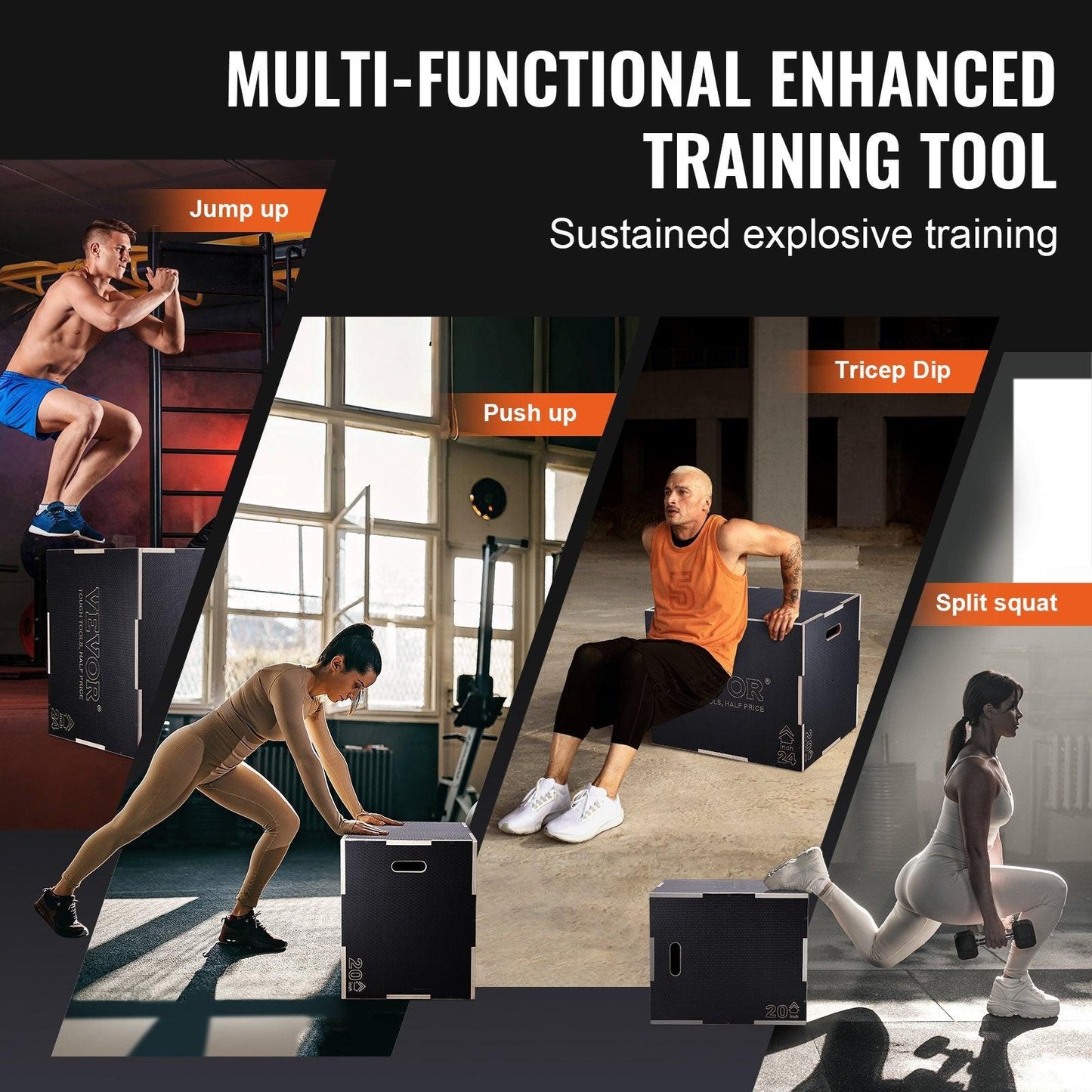 3 in 1 Plyometric Jump Box, 30/24/20 Inch Wooden Plyo Box, Platform & Jumping Agility Box, Anti-Slip Fitness Exercise Step Up Box for Home Gym Training, Conditioning Strength Training, Black.