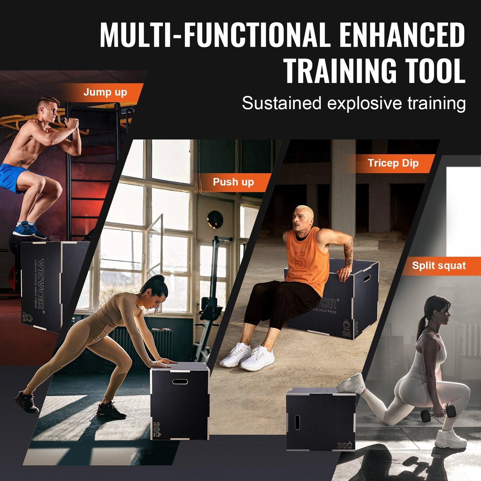 3 in 1 Plyometric Jump Box, 30/24/20 Inch Wooden Plyo Box, Platform & Jumping Agility Box, Anti-Slip Fitness Exercise Step Up Box for Home Gym Training, Conditioning Strength Training, Black.
