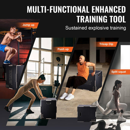 3 in 1 Plyometric Jump Box, 30/24/20 Inch Wooden Plyo Box, Platform & Jumping Agility Box, Anti-Slip Fitness Exercise Step Up Box for Home Gym Training, Conditioning Strength Training, Black.