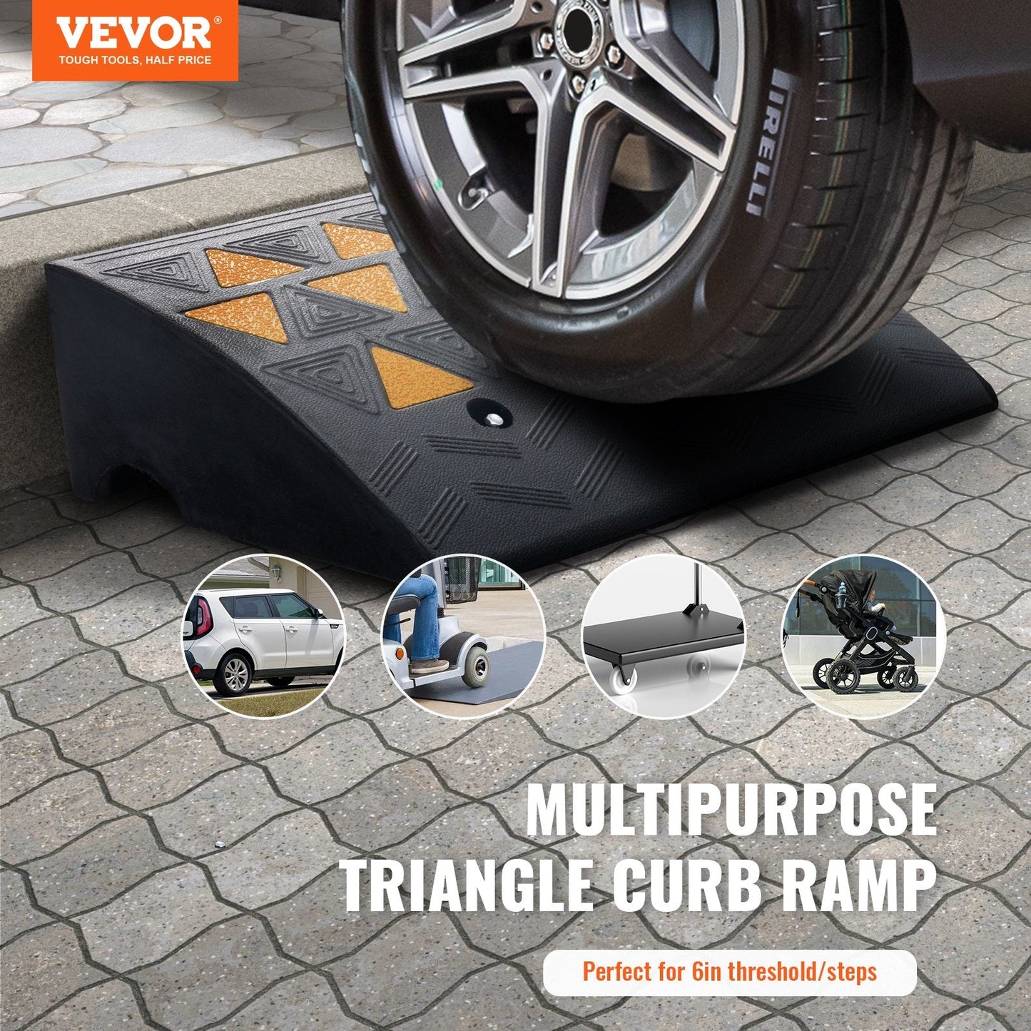 Rubber Curb Ramp 2 Pack, 15.2 cm Rise Height Heavy-Duty 15 tons Load Capacity Threshold Ramps, Driveway Ramps with Stable Grid Structure for Cars, Wheelchairs, Bikes, Motorcycles