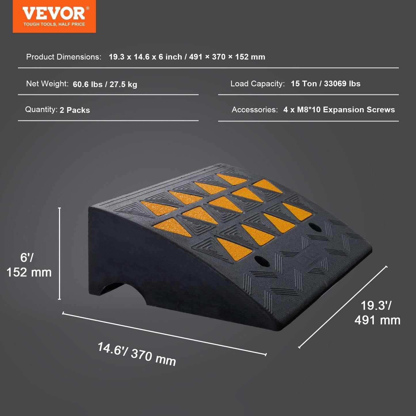 Rubber Curb Ramp 2 Pack, 15.2 cm Rise Height Heavy-Duty 15 tons Load Capacity Threshold Ramps, Driveway Ramps with Stable Grid Structure for Cars, Wheelchairs, Bikes, Motorcycles