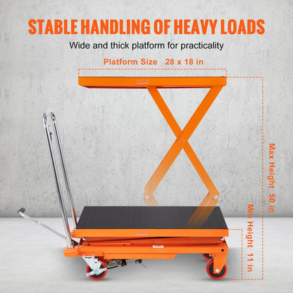 Hydraulic Lift Table Cart, 330lbs Capacity 50" Lifting Height, Manual Double Scissor Lift Table with 4 Wheels and Non-slip Pad, Hydraulic Scissor Cart for Material Handling and Transportation