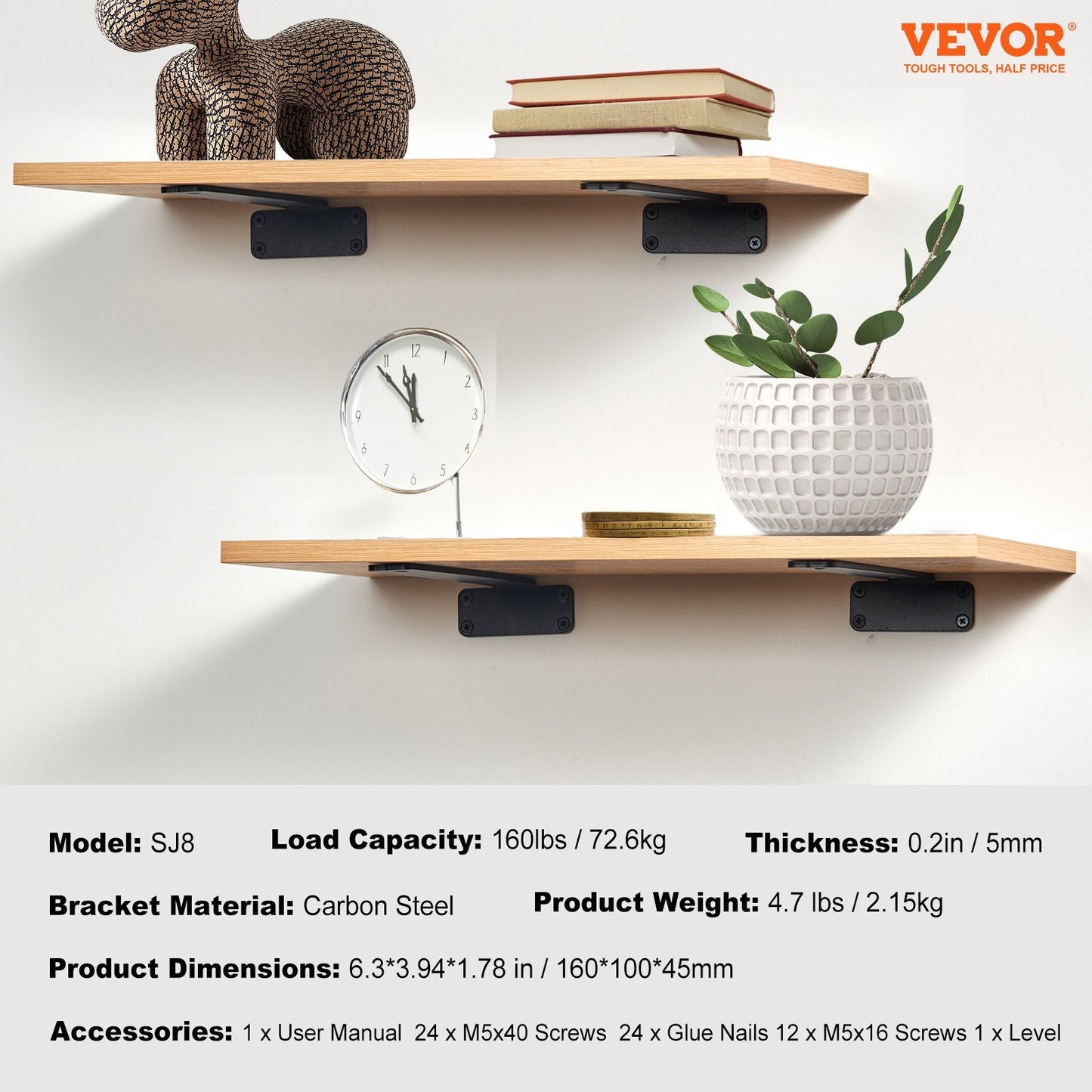 Shelf Bracket, 16cmL x 10cmW x 4.5cmH 6 Pcs, Heavy Duty Floating Shelf Brackets, Brackets for Shelves, 5mm Thick Matte Black L Shelf Bracket,Steel Shelving Brackets with 72.6 kg Load Capacity