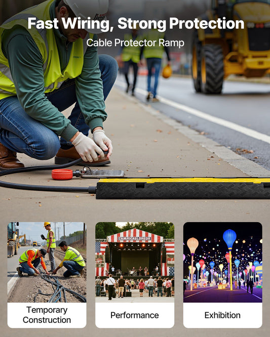 Cable Protector Ramp, 9,979 kg/axle Capacity, 2 Channel Heavy Duty Rubber Cord Hose Wire Cover, 55 x 50 mm Channel, Traffic Speed Bump with Flip-Open Top Cover, for Indoor Outdoor Use, 1 Pack