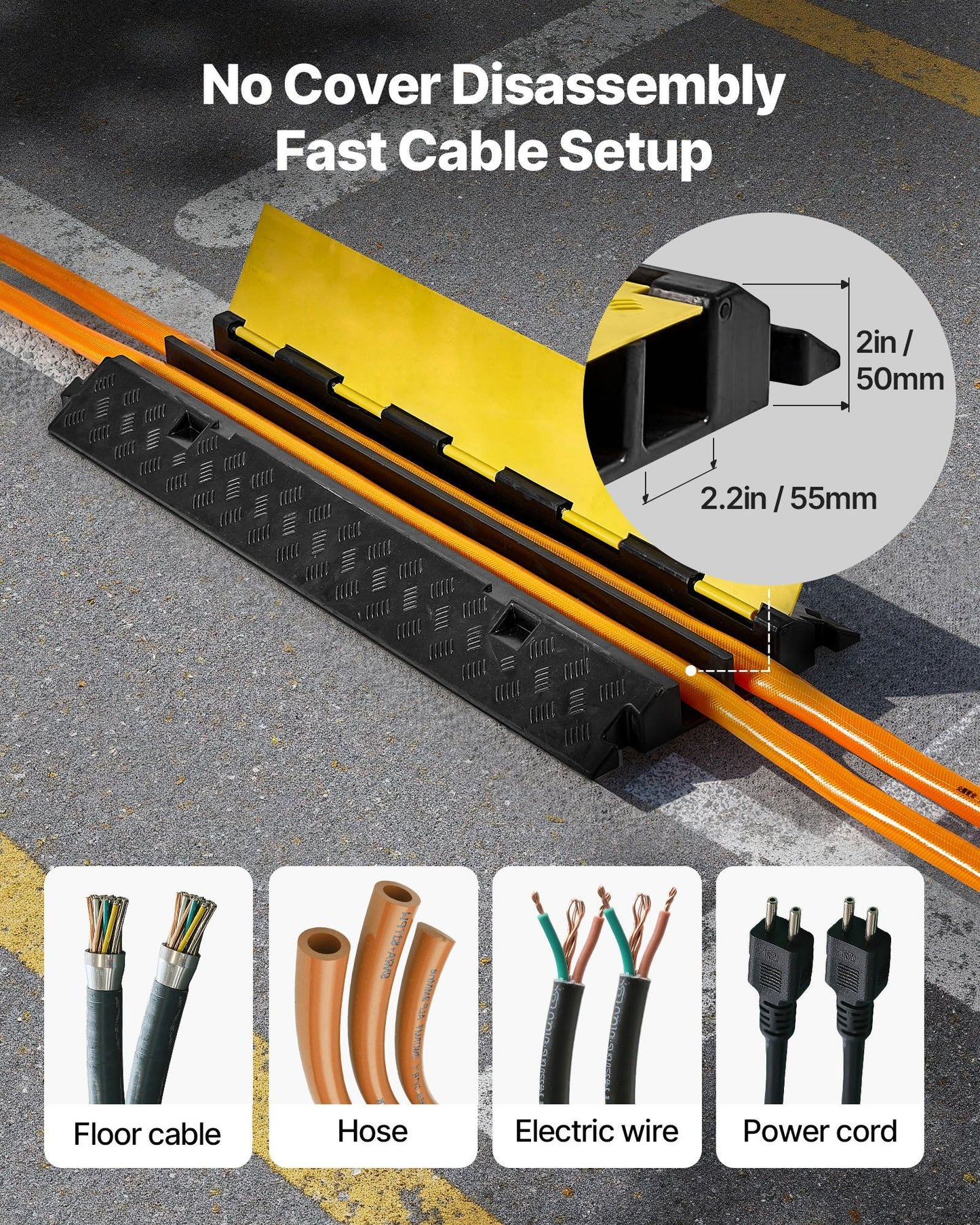 Cable Protector Ramp, 9,979 kg/axle Capacity, 2 Channel Heavy Duty Rubber Cord Hose Wire Cover, 55 x 50 mm Channel, Traffic Speed Bump with Flip-Open Top Cover, for Indoor Outdoor Use, 1 Pack