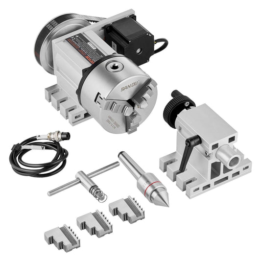 Dividing Head, K11-100mm 3-Jaw Chuck, CNC Router Milling Machine Rotational Axis 4th Axis A Axis Indexing Head, 65 mm Center Height MT2 Tailstock 6:1 Gear Ratio, Universal for Engraving.