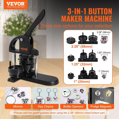 Button Maker Machine, 1/1.25/2.28 inch(25/32/58mm) 3-in-1 Pin Maker, Installation-Free Badge Punch Press Kit, Button Making Supplies with 300pcs Button Parts, Circle Cutter, Magic Book.