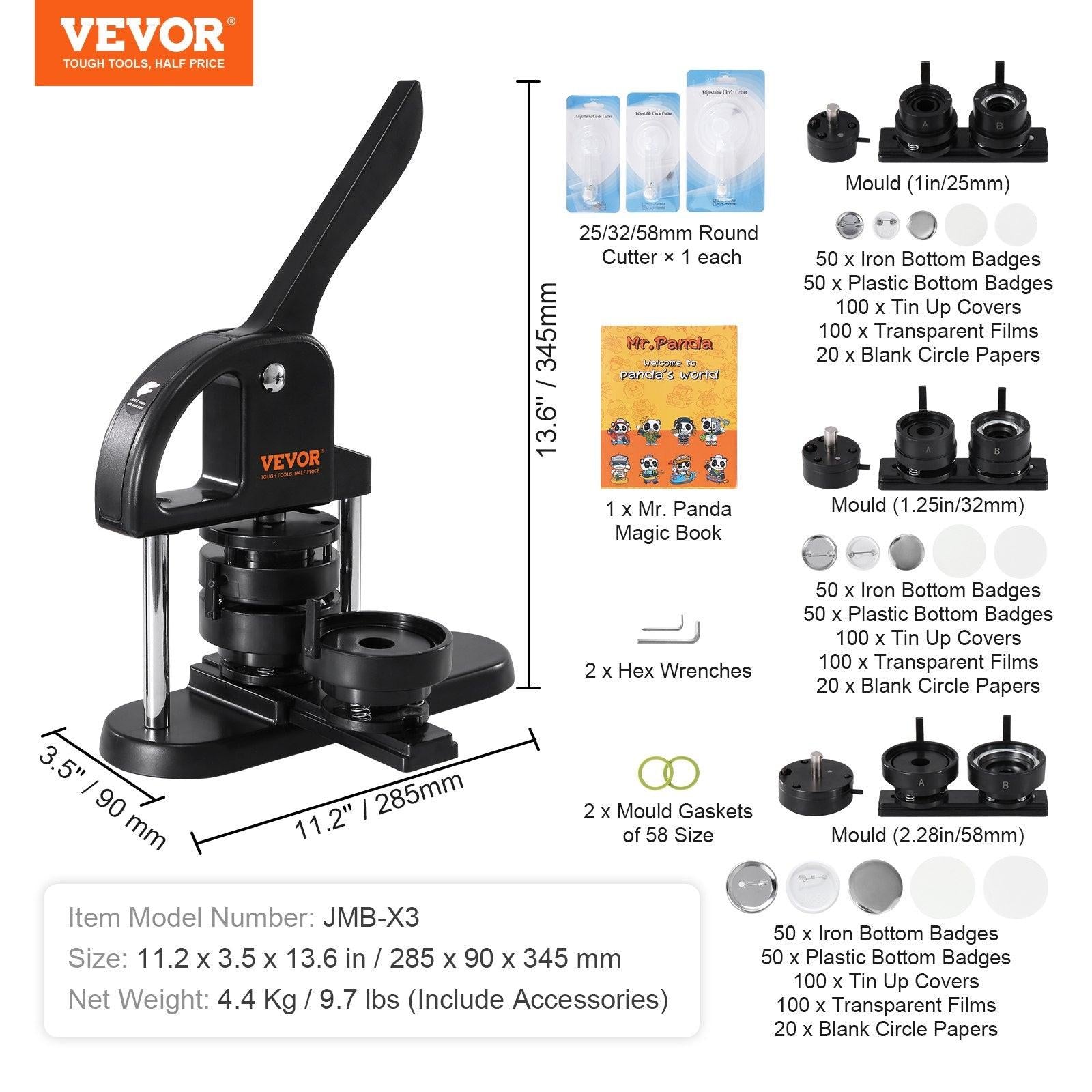 Button Maker Machine, 1/1.25/2.28 inch(25/32/58mm) 3-in-1 Pin Maker, Installation-Free Badge Punch Press Kit, Button Making Supplies with 300pcs Button Parts, Circle Cutter, Magic Book.