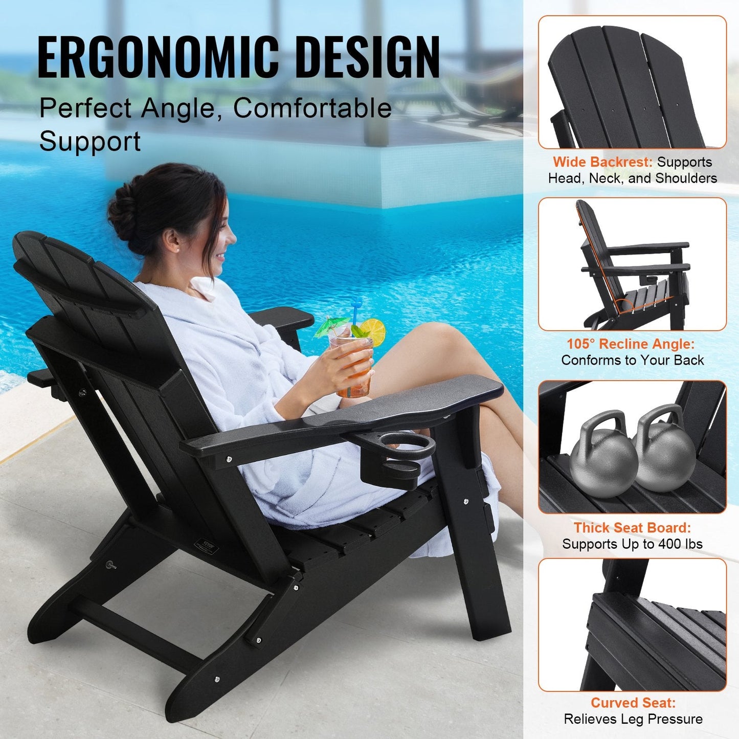 Adirondack Chair Plastic, Set of 2 All-Weather Portable Folding Fire Pit Chair, Outdoor Adirondack Patio Chair with Cup Holder, with Relaxing Arm Rest Ergonomic, for Garden, Backyard - Black