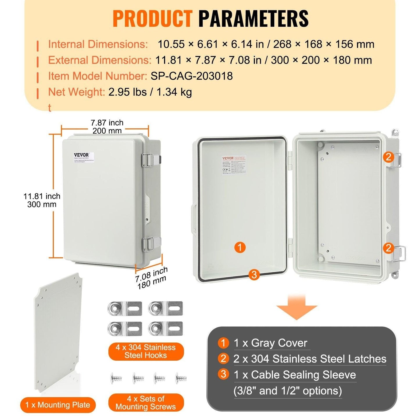 Outdoor Electrical Junction Box, 300 x 200 x 180 mm, ABS Plastic Electrical Enclosure Box with Hinged Cover Stainless Steel Latch, IP67 Dustproof Waterproof for Outdoor Electrical Projects.