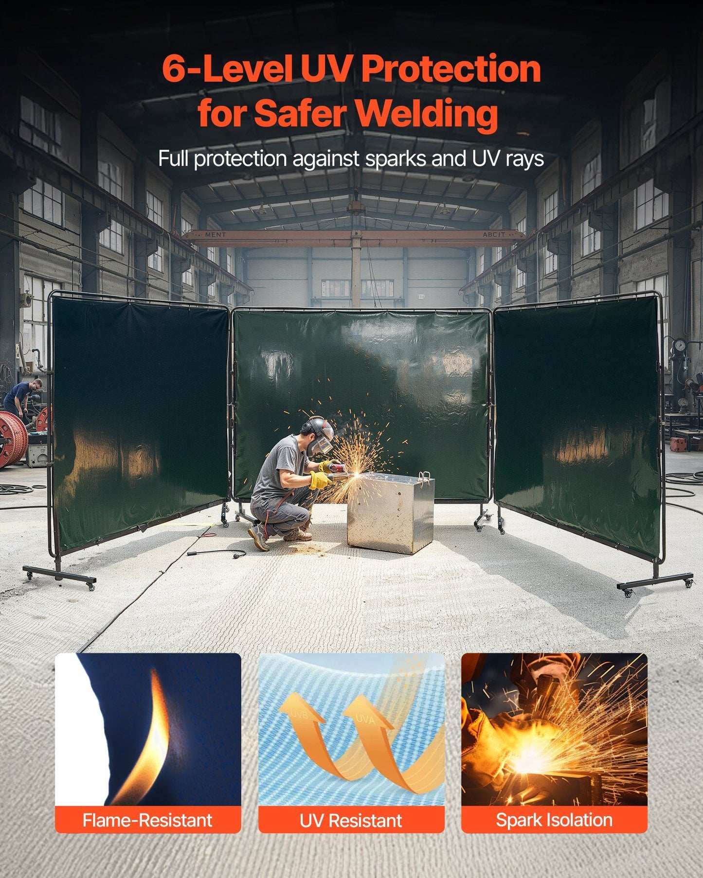 Welding Screen with Frame, 3-Panel 1.74 x 2.34m Welding Curtain Screen, Flame-Resistant Vinyl Protection Screens with 12 Wheels & 6-Level UV Protection for Workshop/Industrial Use, Dark Green