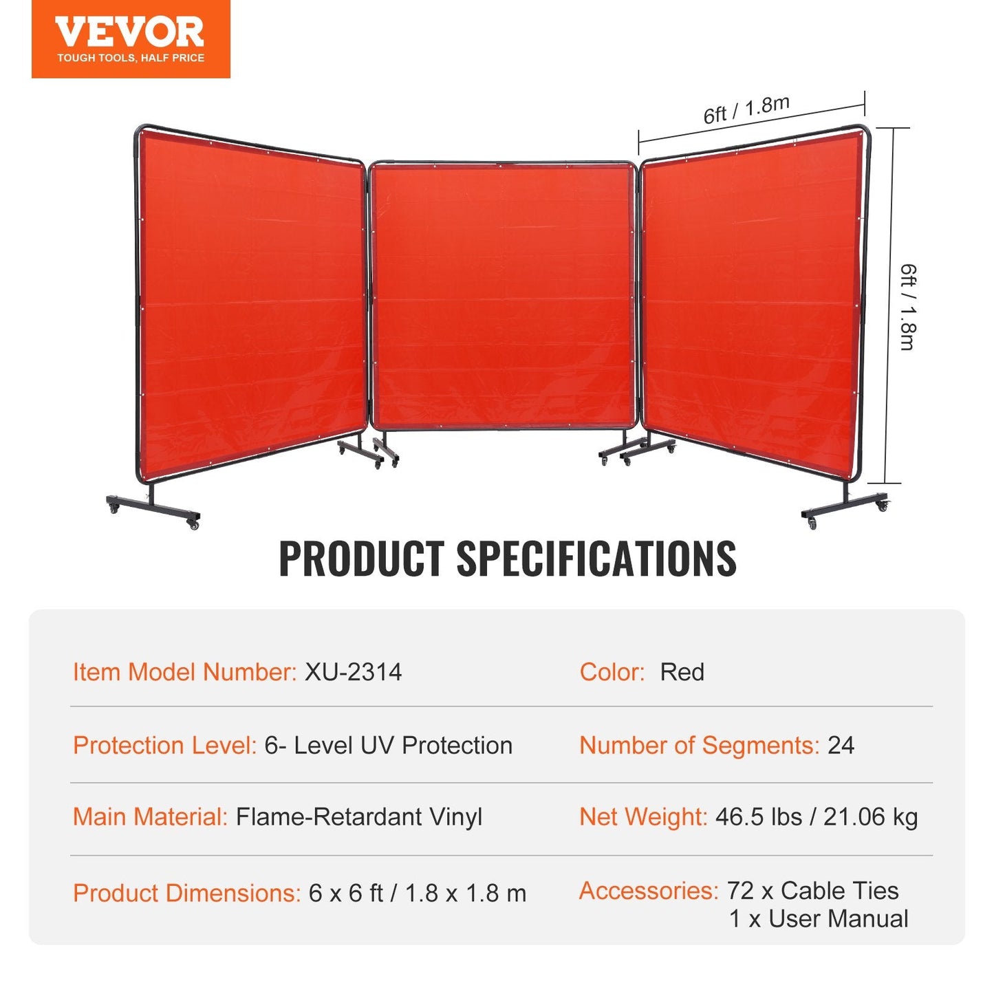 Welding Screen with Frame, 6' x 6' 3 Panel Welding Curtain Screens, Flame-Resistant Vinyl Welding Protection Screen on 12 Swivel Wheels (6 Lockable), Moveable & Professional for Workshop, Red