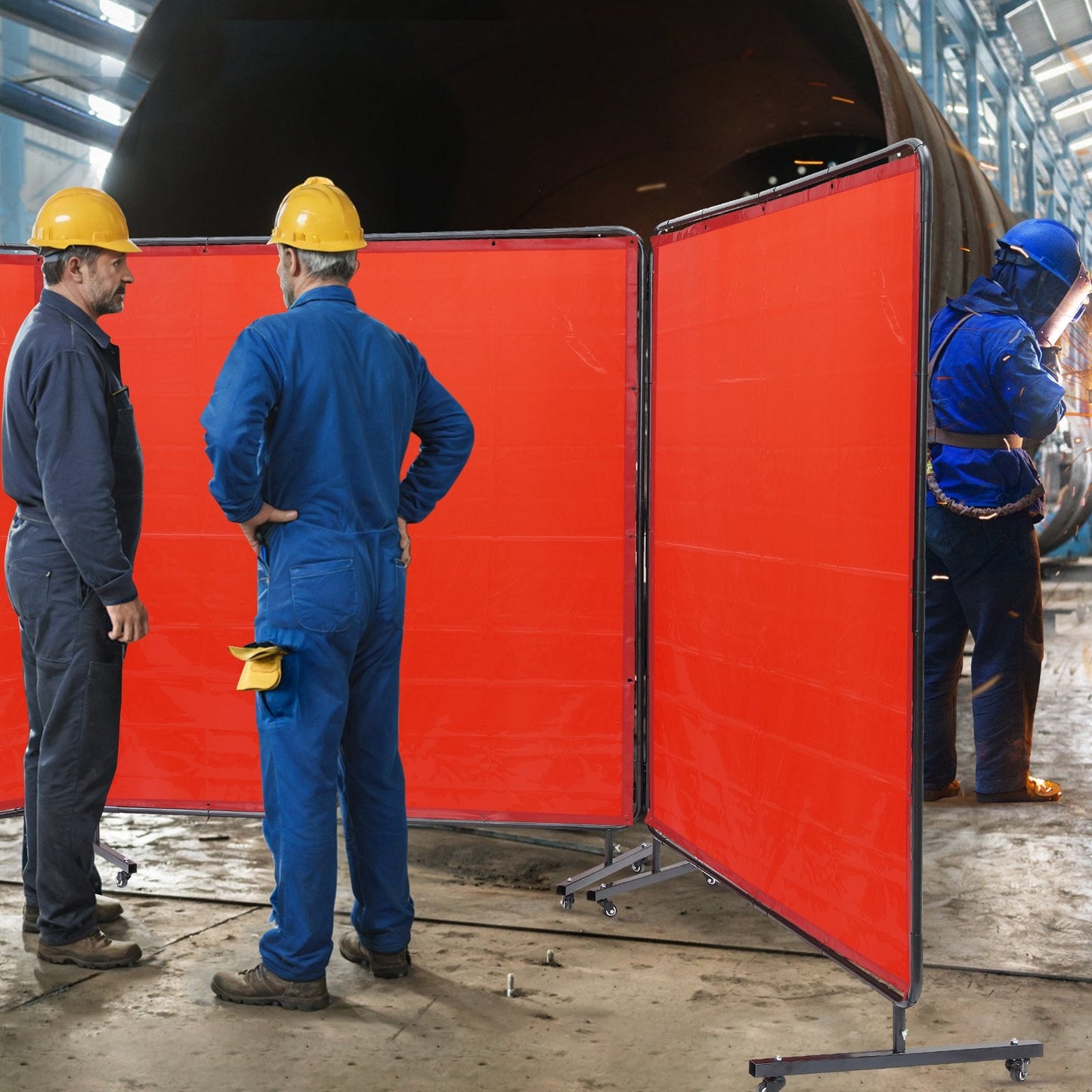 Welding Screen with Frame, 6' x 6' 3 Panel Welding Curtain Screens, Flame-Resistant Vinyl Welding Protection Screen on 12 Swivel Wheels (6 Lockable), Moveable & Professional for Workshop, Red