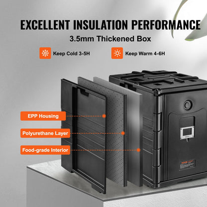 Insulated Food Pan Carrier, 82 Qt Hot Box for Catering, LLDPE Food Box Carrier w/ Double Buckles, Front Loading Food Warmer w/ Handles, Stackable End Loader for Restaurant, Canteen, etc. Black
