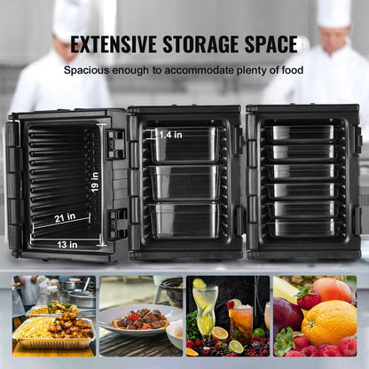 Insulated Food Pan Carrier, 82 Qt Hot Box for Catering, LLDPE Food Box Carrier w/ Double Buckles, Front Loading Food Warmer w/ Handles, Stackable End Loader for Restaurant, Canteen, etc. Black