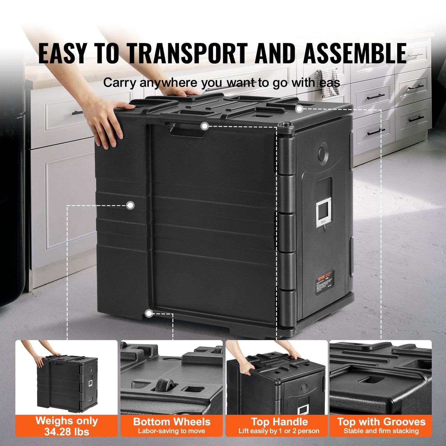 Insulated Food Pan Carrier, 82 Qt Hot Box for Catering, LLDPE Food Box Carrier w/ Double Buckles, Front Loading Food Warmer w/ Handles, Stackable End Loader for Restaurant, Canteen, etc. Black
