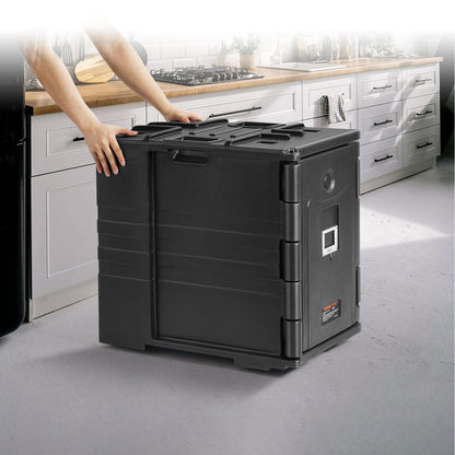 Insulated Food Pan Carrier, 82 Qt Hot Box for Catering, LLDPE Food Box Carrier w/ Double Buckles, Front Loading Food Warmer w/ Handles, Stackable End Loader for Restaurant, Canteen, etc. Black
