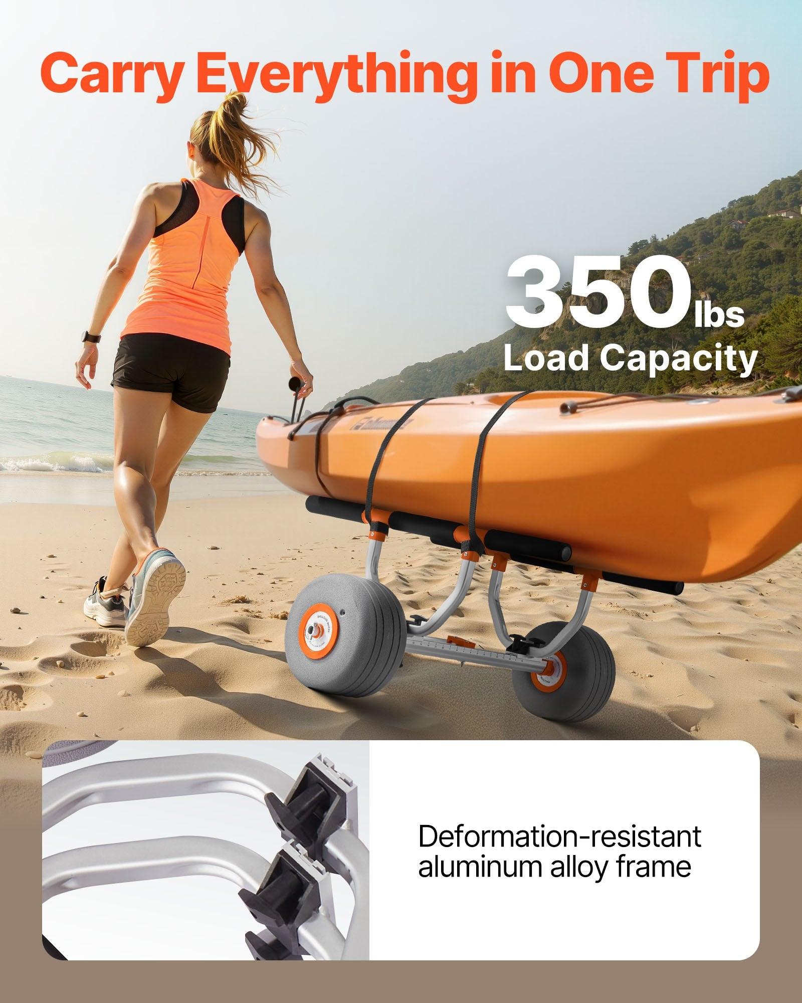 Kayak Cart, 158.8 kg Load Capacity, Kayak Trolley with 30.5 cm Inflatable PU Tires & 2 Straps, Assembles & Disassembles Within Seconds, Paddle Board Trolley for Carrying Kayaks and Canoes.