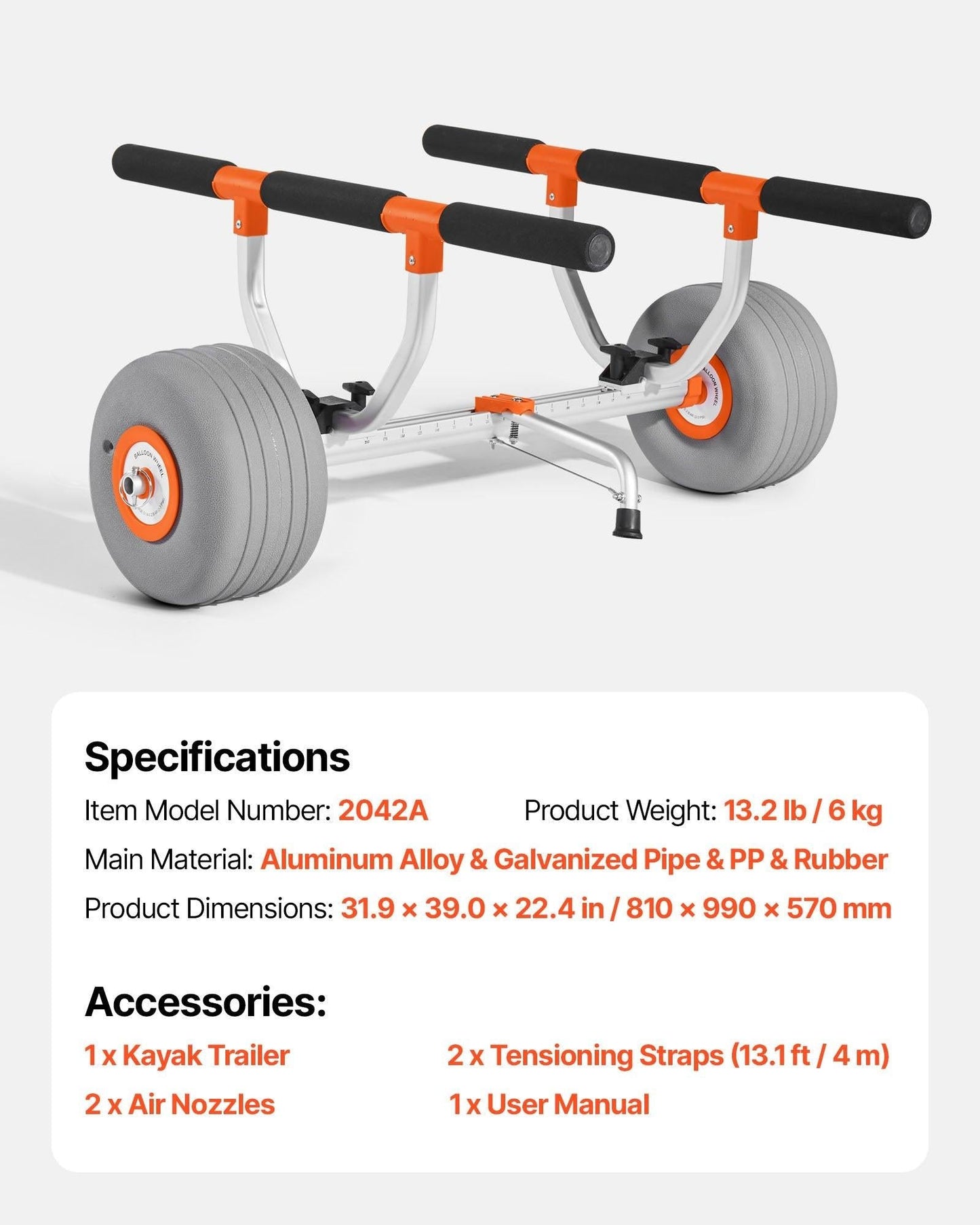 Kayak Cart, 158.8 kg Load Capacity, Kayak Trolley with 30.5 cm Inflatable PU Tires & 2 Straps, Assembles & Disassembles Within Seconds, Paddle Board Trolley for Carrying Kayaks and Canoes.